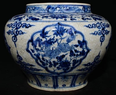 Tarro olla de barro 14" Yuan azul blanco porcelana fengshui kylin bestia pájaro fénix Foto 1 de 4