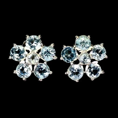 925 Sterling Silver Earrings Round Aquamarine 3.5mm Natural Gemstone Jewelry - Image 1 of 4