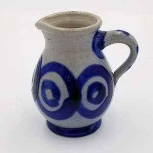 Vtg Salt Glazed Cobalt Blue Hand Painted Stamped Pottery Pitcher - Picture 1 of 4