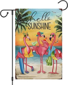 Flamingo Garden Flag Hello Sunshine Hawaii Tropical Beach Holiday Garden Flags 1 - Picture 1 of 12