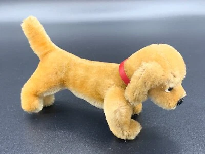 1950's German Steiff Mohair Hexie Dachshund Dog Button Flag Red Leather Collar - Image 1 of 4