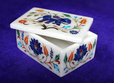4" x 3" Marble Box Semi Precious Stones inlay handmade home decor - Image 1 of 4