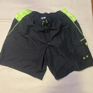 Mens Speedo Size L Swim Trunks Black And Neon Yellow W/ Drawstring & pocket R098 - Picture 1 of 3