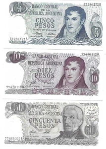 1975-1977 Argentina 5, 10, 50 Pesos P294a.2, P300, P301b.2 UNC - Picture 1 of 2