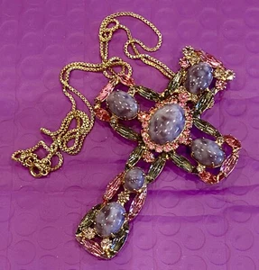 Stunning Large Vintage Cabochon and Crystal Cross Pendant Brooch Necklace - Picture 1 of 5