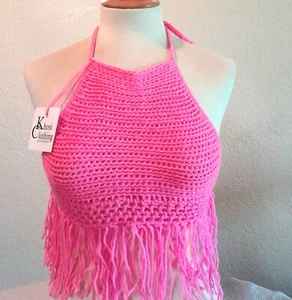 Large Pink Crochet Handmade Fashion Fringe Cropped Bikini Halter Top - Picture 1 of 3