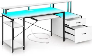 Computer Desk with File Drawer Gaming Desk with LED Light & Power Outlets Home - Picture 1 of 8