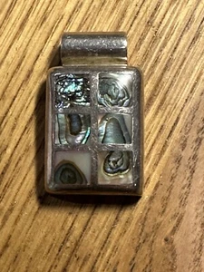 Vintage Sterling Silver Abalone Pearl Thick Rectangle Pendant 925 Marked - Picture 1 of 11