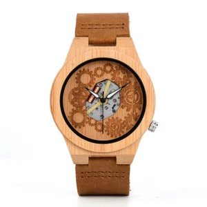 KIM JOHANSON HOLZ ARMBANDUHR *GEAR* BRAUN LEDER ARMBAND QUARZ UHR WERK BAMBUS - Bild 1 von 7