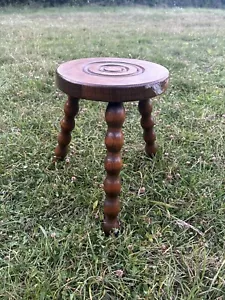 Vintage/Antique Rustic French Turned Dark Brown Oak/Bobbin 3 Legged Button Stool - Picture 1 of 6