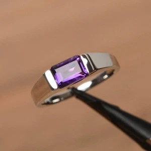 Natural Purple Amethyst Emerald Cut Gemstone Women Ring 925 Sterling Silver - Picture 1 of 5