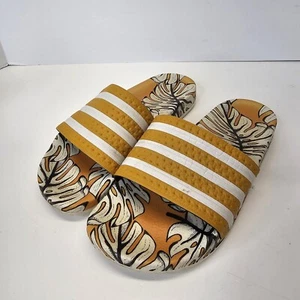 Adidas Adilette Slide Sandals Size 8 White Yellow Tropical Palm Leaf Monstera - Picture 1 of 9