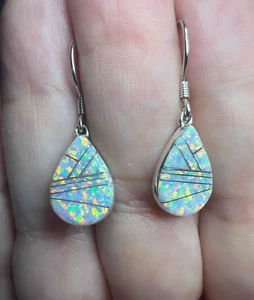 Gorgeous Sterling Silver White Lab Opal Teardrop Dangle Earrings - Picture 1 of 5
