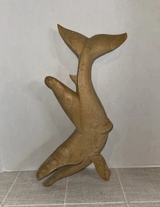 Hand Carved Light Wood Humpback Whale and Her Baby Calf 20” Wall Hanging - Picture 1 of 4