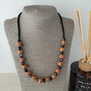 Vintage Necklace Brown Wood Black White Glass Beads Hippy Boho Bohemian - Picture 1 of 5