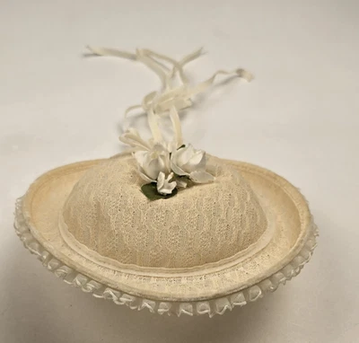 Beautiful Vintage Straw Hat with Lace Ruffle and Flowers Styled by Cinderella - Image 1 of 4