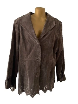 Vtg Y2K Dennis Basso Women Gray Leather Suede Laser Cut Blazer Bow Jacket Sz L - Image 1 of 4