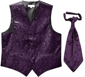 New Men's Paisley Tuxedo Vest Waistcoat & Ascot Cravat Wedding Prom Dark Purple - Picture 1 of 3