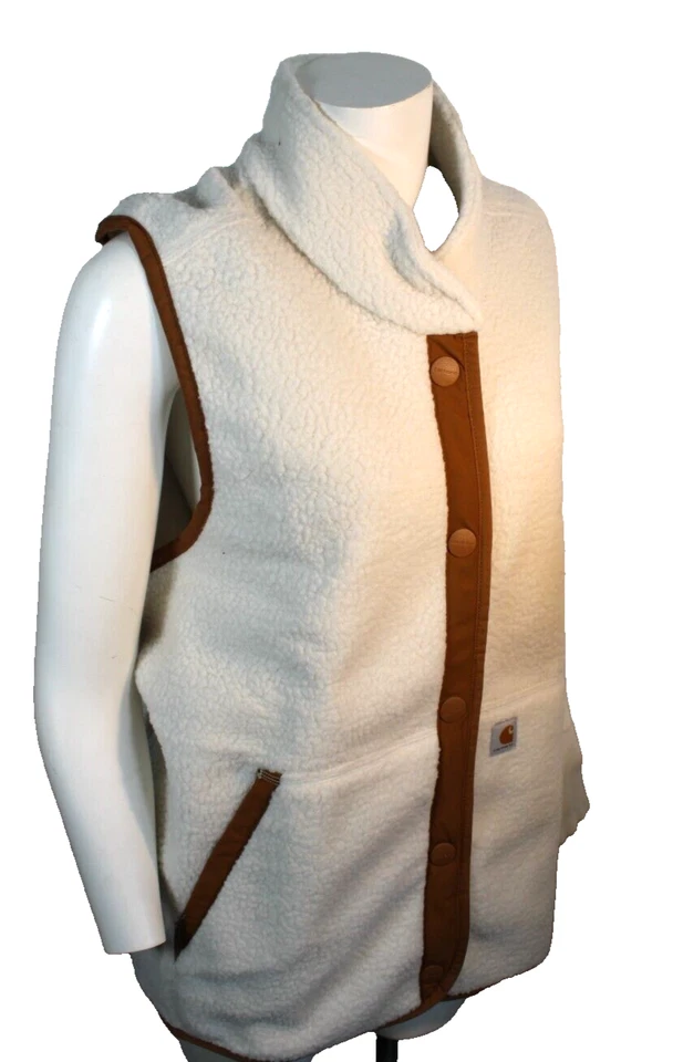 CARHARTT Size 1X Ivory White / Brown Relaxed Fit Women's Fleece Vest RETAIL