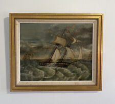 Antique 19th Century Oil Painting Of A Ship In Stormy Seas