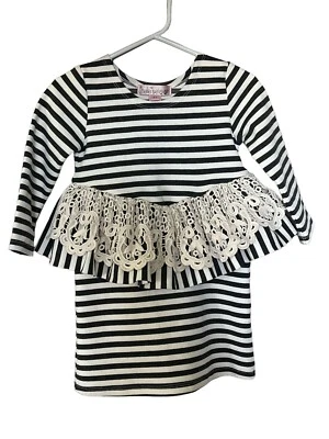 Halabaloo Dress Toddler Size 3T Black/White Striped With Crochet Peplum - Image 1 of 4