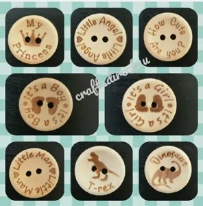 Buttons - Wood - Little Man - My Princess - It's a Boy - It's a Girl - T-Rex - Picture 1 of 3