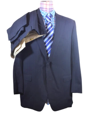 Paul Stuart Mens Wool Gray Blue Pinstriped Two Button Suit Sz 44 Tall/Long - Image 1 of 4