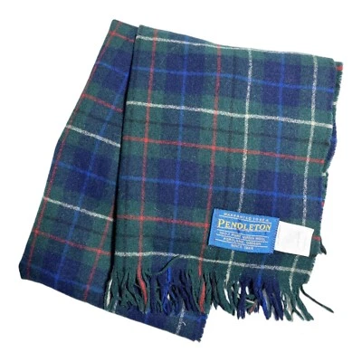 Cachecol de lã xadrez vintage anos 90 verde tartan 12 x 48 feito nos EUA - Imagem 1 de 4