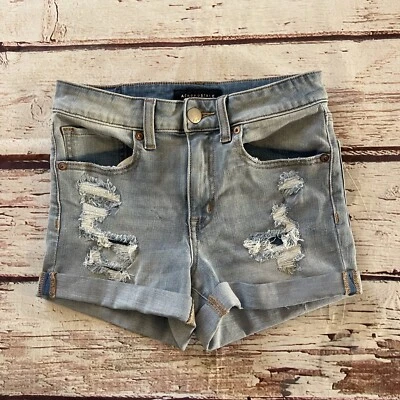 Pantalones Cortos de Jean AEROPOSTALE Mujer Talla 4 Tiro Alto Midi Destruido Puños Denim Azul Foto 1 de 4