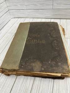 Antique 1800s Holy Bible w/ Family Records Illustrated KJV – Well Worn & Rare - Imagen 1 de 10