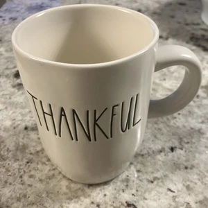 RAE DUNN  THANKFUL  White Mug w/ Black Coffee Cup Oversized Ceramic - Picture 1 of 4