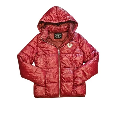 True Religion womens small puffer down hooded jacket red glossy horseshoe y2k - Image 1 of 4