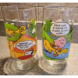 VTG 1983 McDonald's Peanuts Camp Snoopy Schultz 6" Glass Tumblers Charlie Brown - Picture 1 of 4