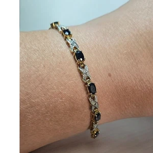 Vintage blau schwarz Saphir Unendlichkeit Sterlingsilber Vermeil Armband - Bild 1 von 7