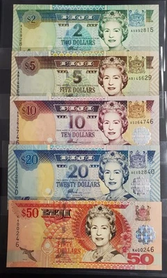 Fiji $1, $2, $5, $10, $20 y $50 (5 piezas. Juego) 2002 ND, P104, P105, P106, P107, P108 Foto 1 de 4