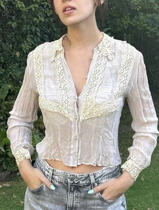 Vintage 30s 40s  S blouse Silk Chiffon top lace Pintuck - Picture 1 of 15