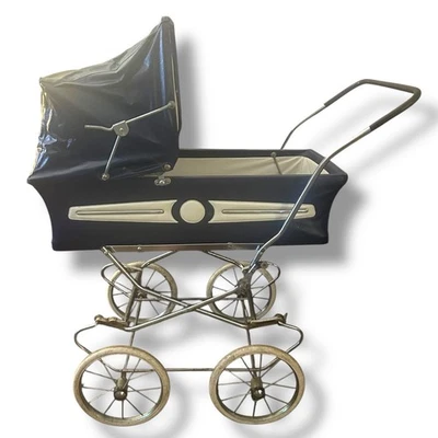 Cochecito de bebé vintage Perego 26” cesta vinilo azul marino cromado años 60 Foto 1 de 4