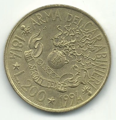 HIGH GRADE AU/UNC 1814 1994 ITALY 200 LIRE CARABINIERI COIN-JAN029 - Image 1 of 2