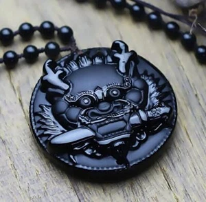 Natural Black Obsidian Pendant Chinese Amulet Dragon Head ShiGanDang Necklace - Picture 1 of 5