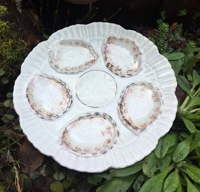 Antique Victorian era 5 Well Oyster Plate pale delicate colors 8 3/4" dia. 1800s - Image 1 of 4