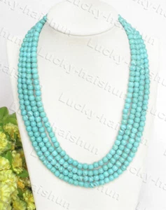 collana perle turchesi naturali 17" 4 file 6mm rotonde blu cielo chiusura magnetica c724 - Foto 1 di 8