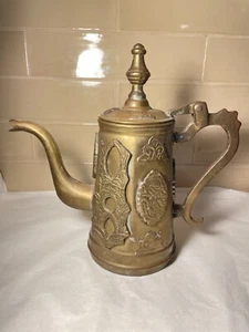 Antique Moroccan Ornate Brass Teapot Handmade 10 1/2" H Original Labels - Picture 1 of 6