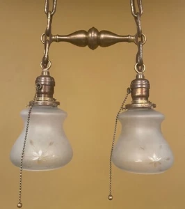 Vintage Lighting 1910s 2-chain brass chandelier. Wheel cut shades. - Picture 1 of 5