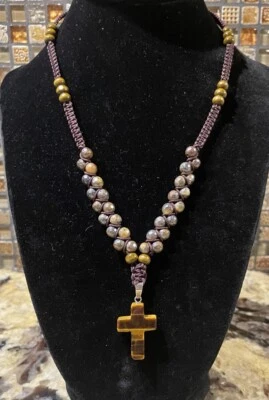 Handmade Semi Precious Knotted Natural Tiger's Eye Bead 18” Cross Necklace - Image 1 of 4