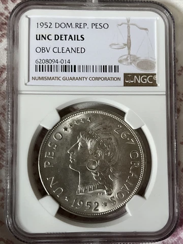NGC UNC Details Dominican Republic 1952 1 Peso Large Silver Coin Mint Lustre Cover