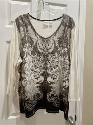 Chicos Zenergy Sz 3 Pull Over top Gorgeous brown ivory design 3/4 Sleeve - Image 1 of 3