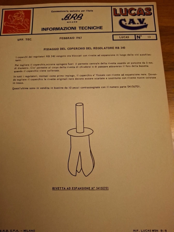 LUCAS C.A.V.-BRB Informazioni Tecniche 1967 N*13-fissaggio Coperchio Reg.RB 340  - Immagine 1 di 1