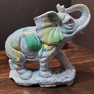 Pretty elephant trunk up blue yellow green mottled Ceramic Figurine 8 In L. Chip - Picture 1 of 16