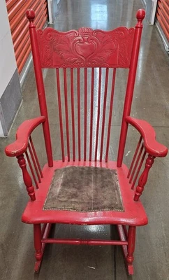 Antique Victorian Pressed Press Back Heart & Crown Wooden Rocking Chair Rocker - Image 1 of 4