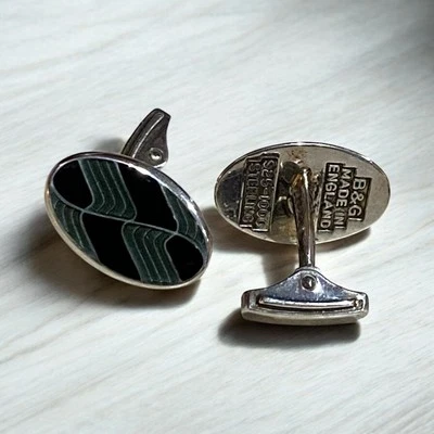 Gemelos Brixton & Gill (B&G) verde/negro esmaltados ovalados de plata de ley Inglaterra Foto 1 de 4